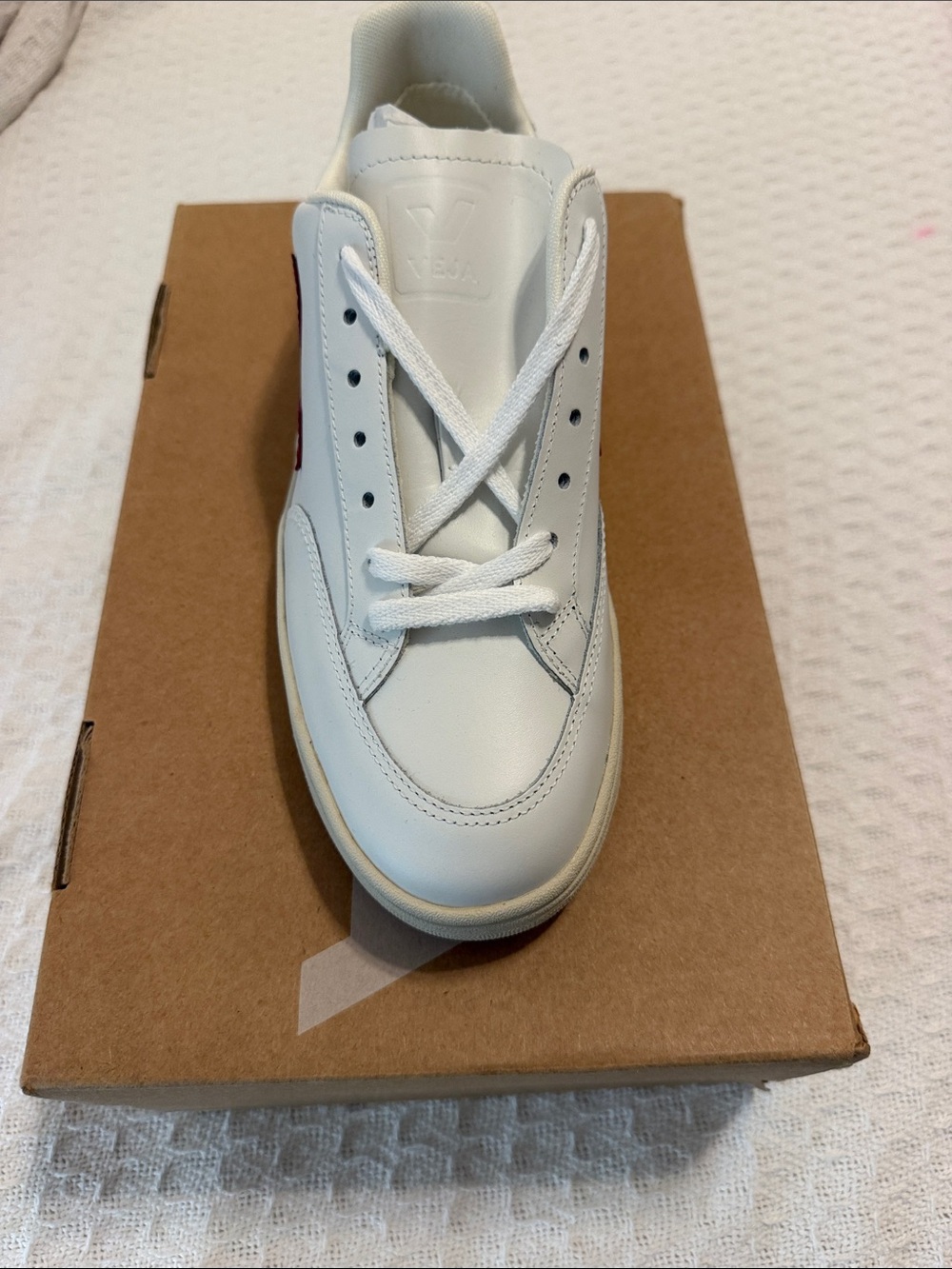 Veja Kids Leather Sneaker in White with Red Accent